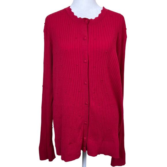 Ann Taylor Sz XXL Red Textured Ribbed Knit Stretchy Cardigan Scalloped Neck Cute - Picture 2 of 16